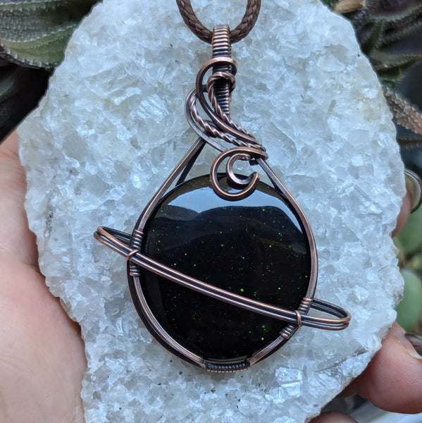 Green Goldstone Wrapped Planet Pendant in Oxidized Copper