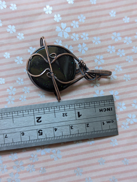 Green Goldstone Wrapped Planet Pendant in Oxidized Copper