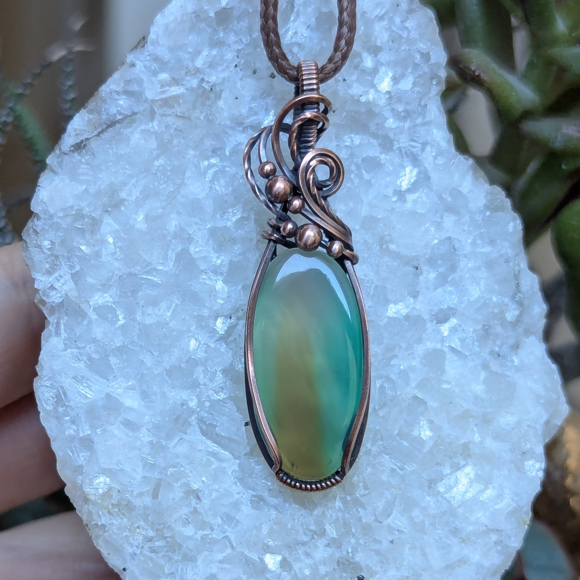 Green/Brown Chalcedony Wire Wrapped Pendant in Oxidized Copper