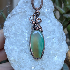 Green/Brown Chalcedony Wire Wrapped Pendant in Oxidized Copper