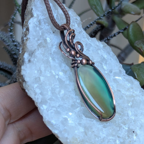 Green/Brown Chalcedony Wire Wrapped Pendant in Oxidized Copper