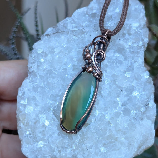 Green/Brown Chalcedony Wire Wrapped Pendant in Oxidized Copper