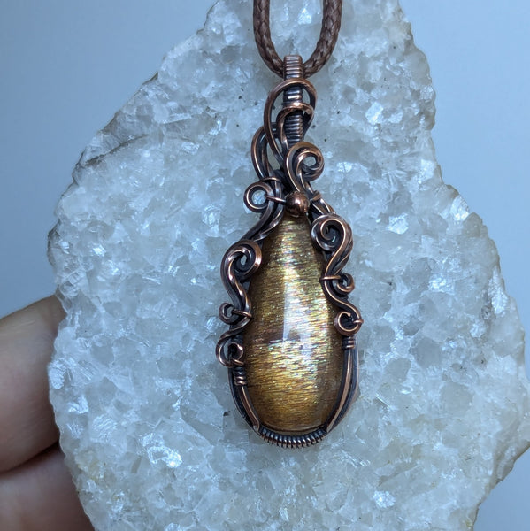 Sunstone Wire Wrapped Pendant in Oxidized Copper