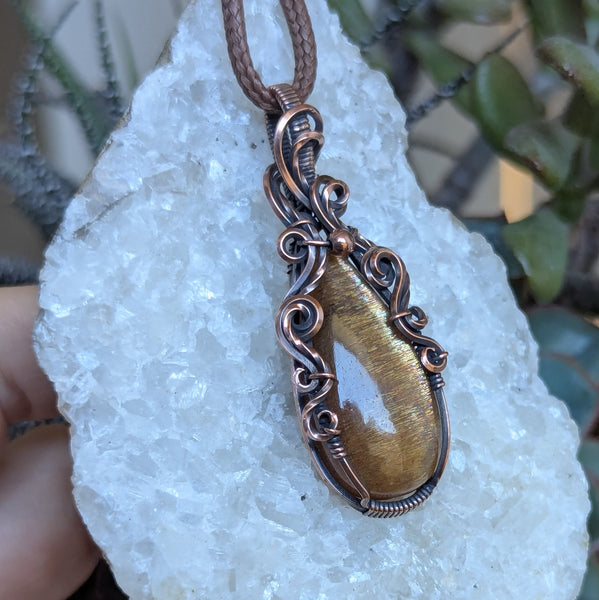 Sunstone Wire Wrapped Pendant in Oxidized Copper