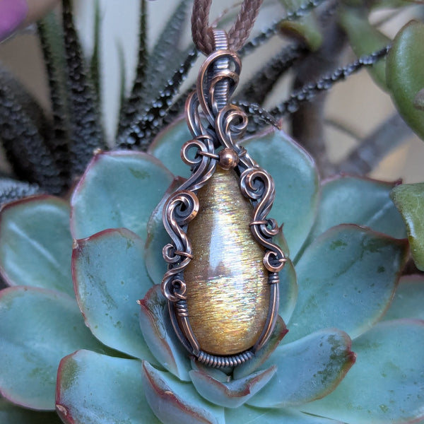 Sunstone Wire Wrapped Pendant in Oxidized Copper