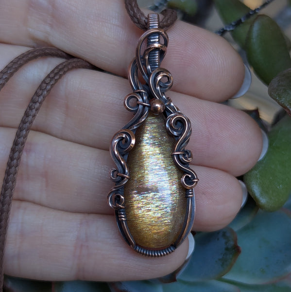 Sunstone Wire Wrapped Pendant in Oxidized Copper