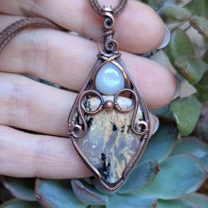 Dendritic Tiger Agate & Silky Moonstone Wire Wrapped Pendant in Oxidized Copper