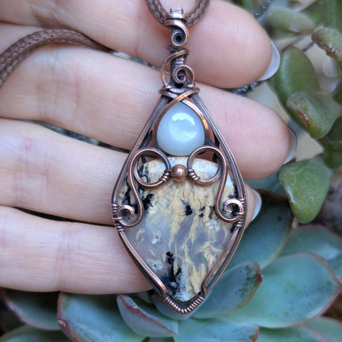 Dendritic Tiger Agate & Silky Moonstone Wire Wrapped Pendant in Oxidized Copper