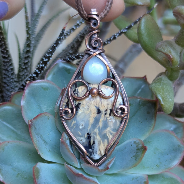 Dendritic Tiger Agate & Silky Moonstone Wire Wrapped Pendant in Oxidized Copper