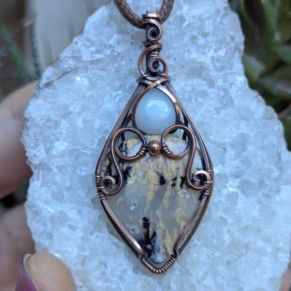 Dendritic Tiger Agate & Silky Moonstone Wire Wrapped Pendant in Oxidized Copper