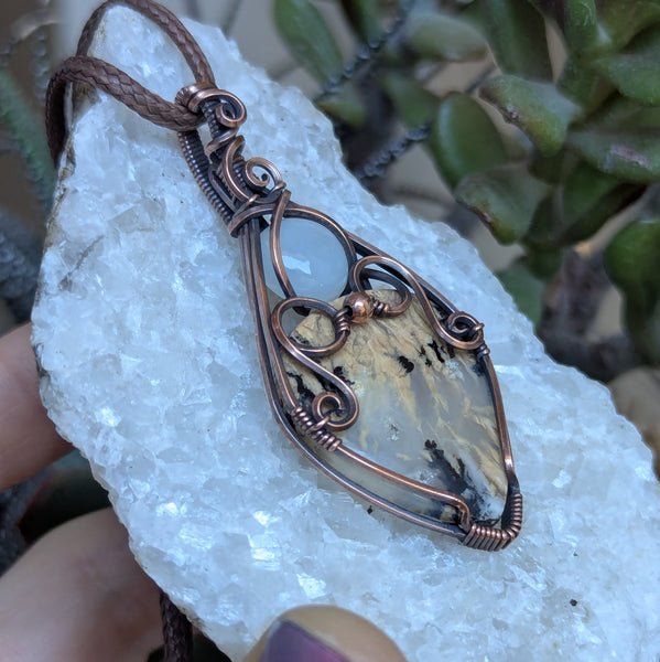 Dendritic Tiger Agate & Silky Moonstone Wire Wrapped Pendant in Oxidized Copper