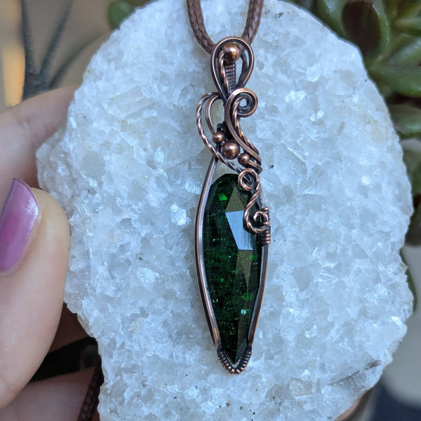 Green Goldstone Wire Wrapped Pendant in Oxidized Copper