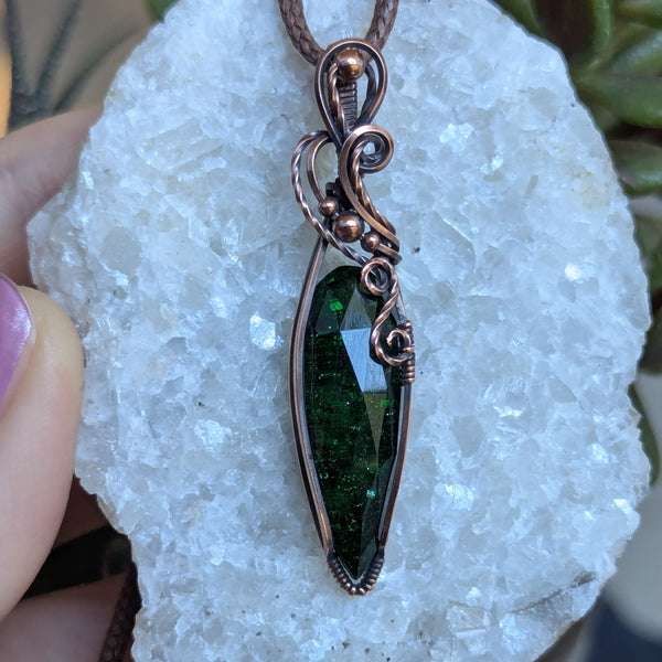 Green Goldstone Wire Wrapped Pendant in Oxidized Copper