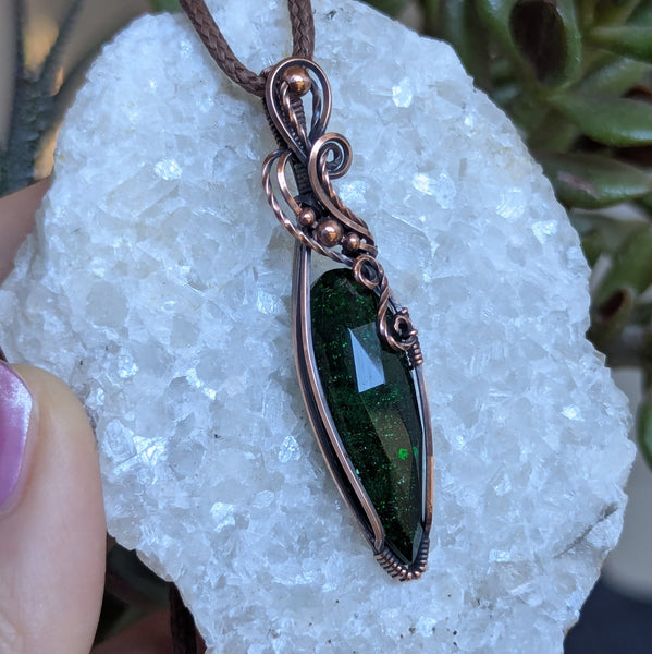 Green Goldstone Wire Wrapped Pendant in Oxidized Copper