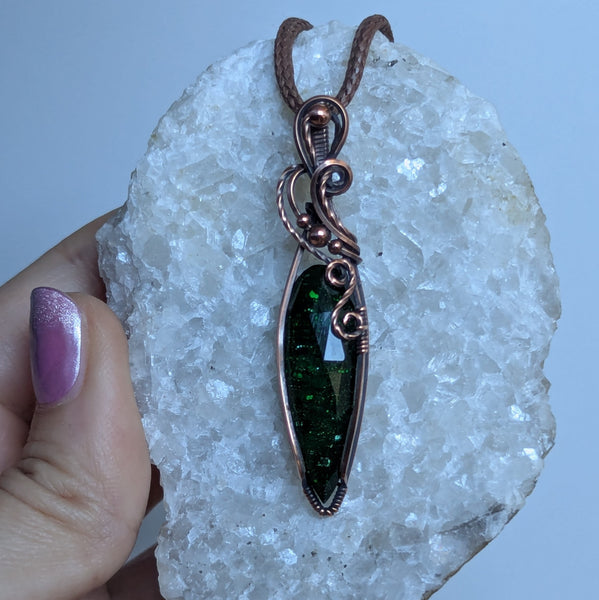 Green Goldstone Wire Wrapped Pendant in Oxidized Copper