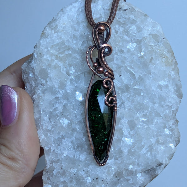 Green Goldstone Wire Wrapped Pendant in Oxidized Copper