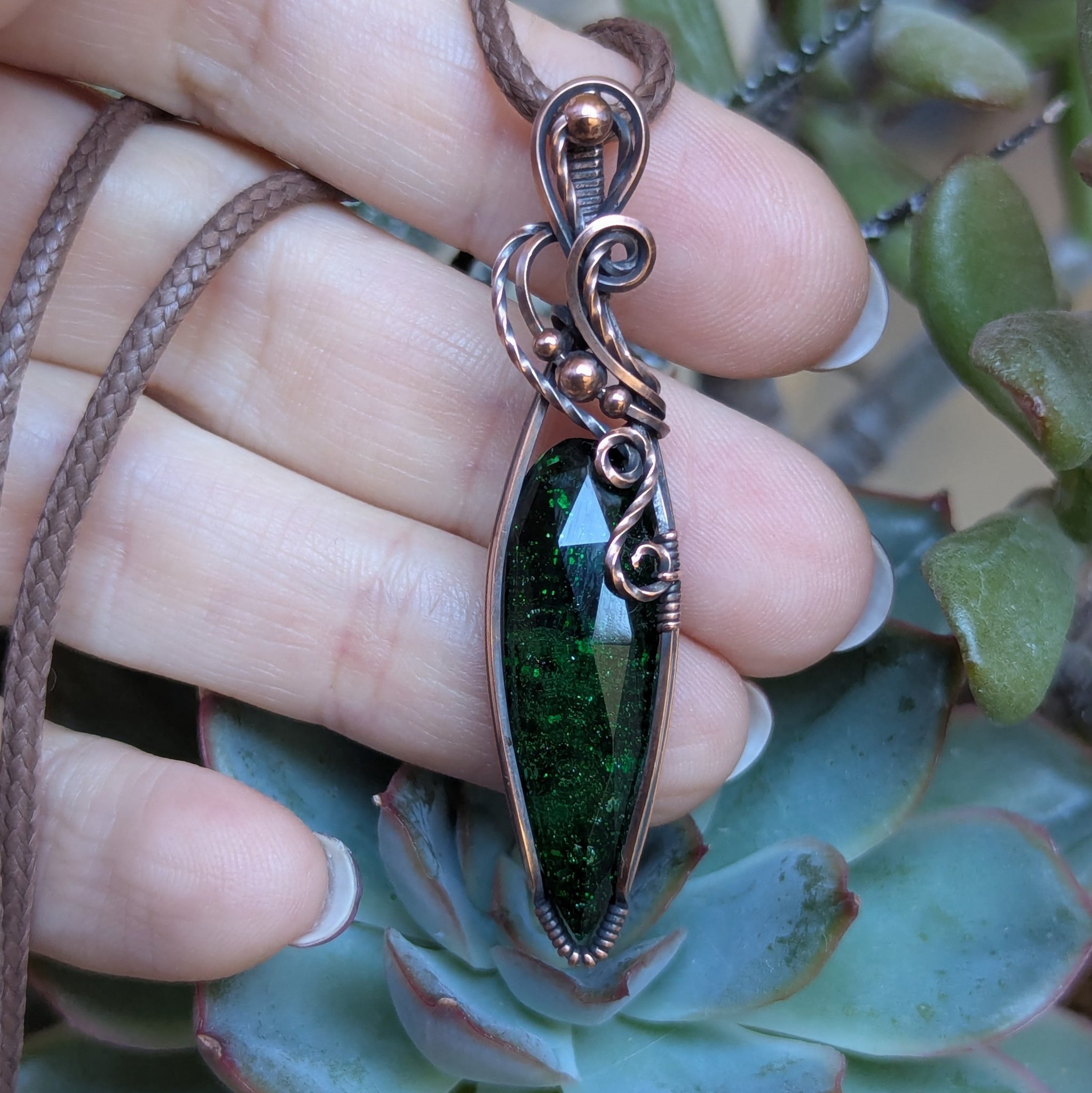 Green Goldstone Wire Wrapped Pendant in Oxidized Copper