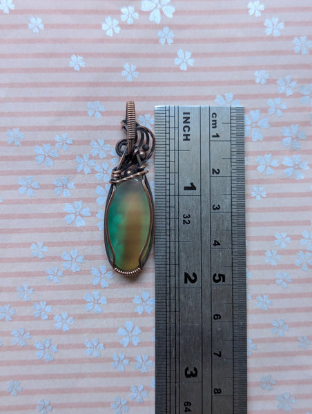 Green/Brown Chalcedony Wire Wrapped Pendant in Oxidized Copper