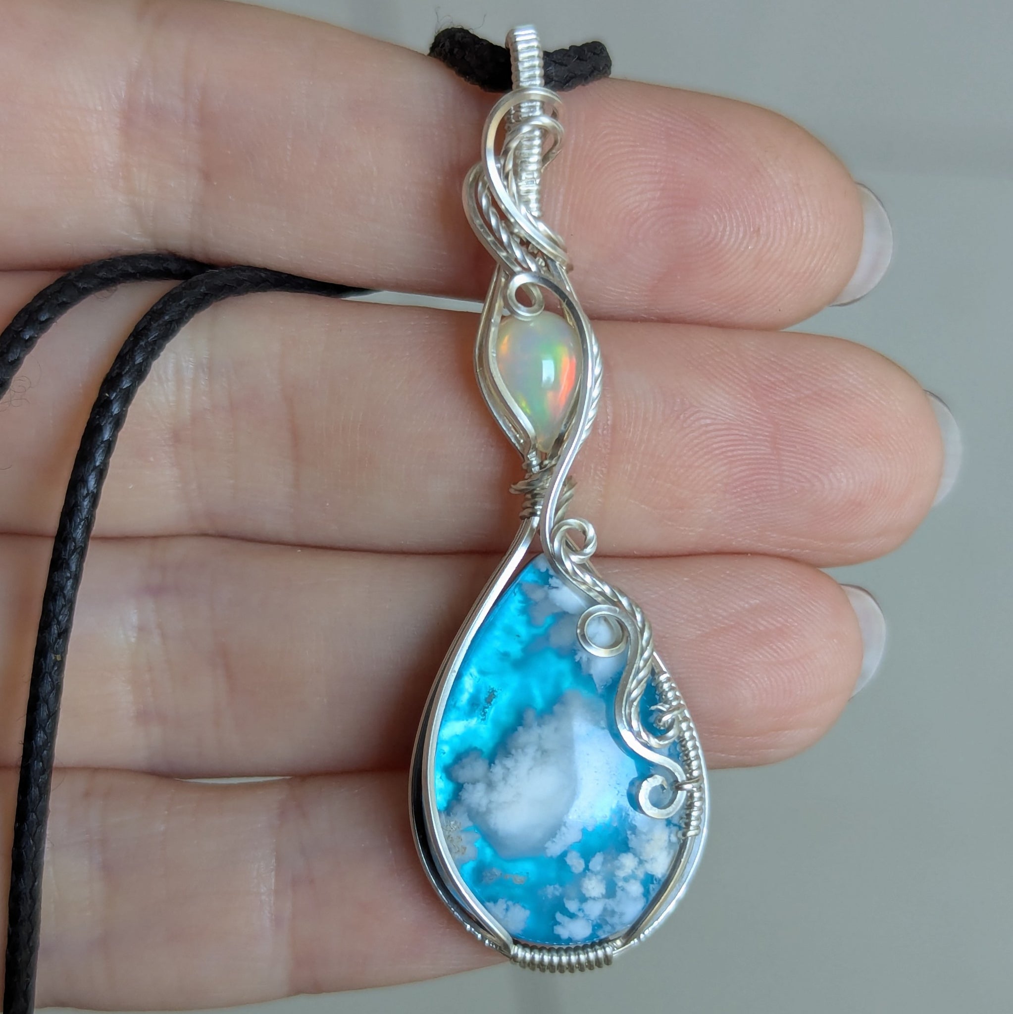 Plume Agate Doublet & Welo Opal Wire Wrapped Pendant in Sterling Silver