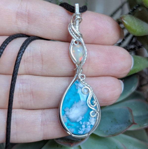 Plume Agate Doublet & Welo Opal Wire Wrapped Pendant in Sterling Silver