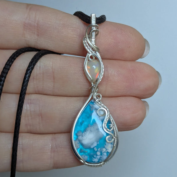 Plume Agate Doublet & Welo Opal Wire Wrapped Pendant in Sterling Silver