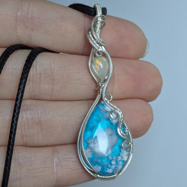 Plume Agate Doublet & Welo Opal Wire Wrapped Pendant in Sterling Silver