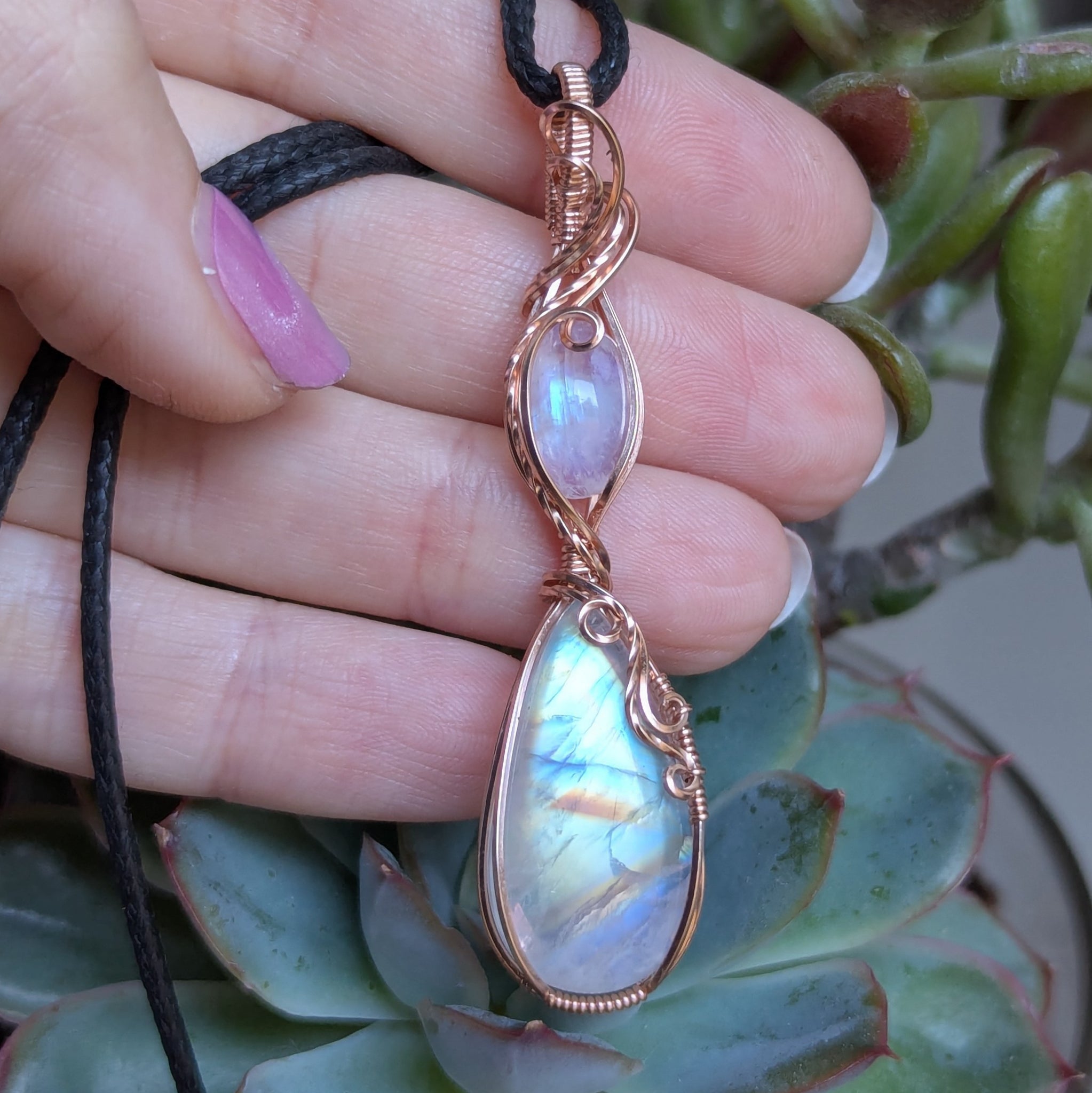 Rainbow Moonstone Wire Wrapped Rose Gold-Fill Pendant