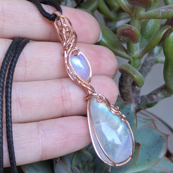 Rainbow Moonstone Wire Wrapped Rose Gold-Fill Pendant