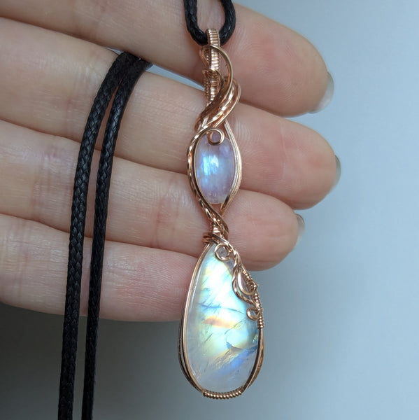 Rainbow Moonstone Wire Wrapped Rose Gold-Fill Pendant