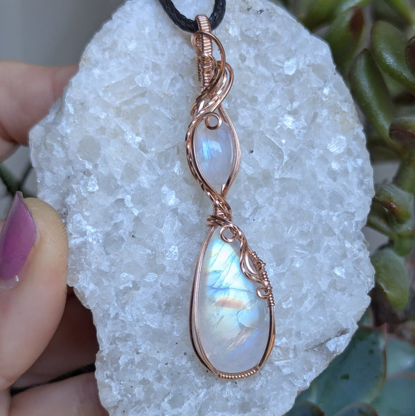 Rainbow Moonstone Wire Wrapped Rose Gold-Fill Pendant