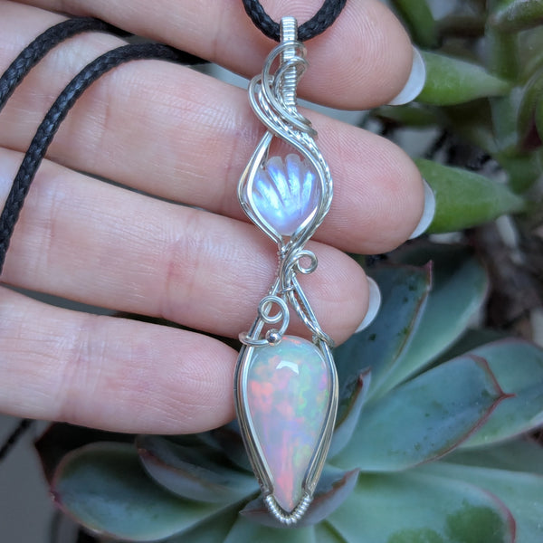 Welo Opal & Rainbow Moonstone Shell Wire Wrapped Pendant in Sterling Silver