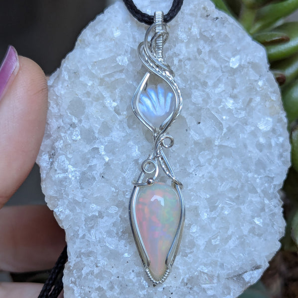 Welo Opal & Rainbow Moonstone Shell Wire Wrapped Pendant in Sterling Silver