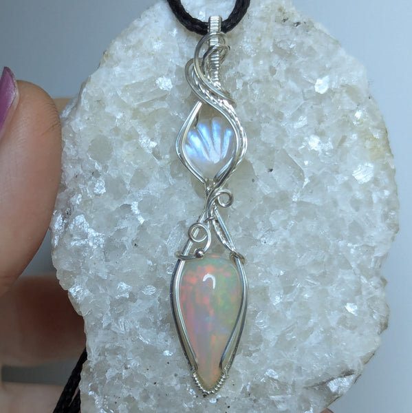 Welo Opal & Rainbow Moonstone Shell Wire Wrapped Pendant in Sterling Silver