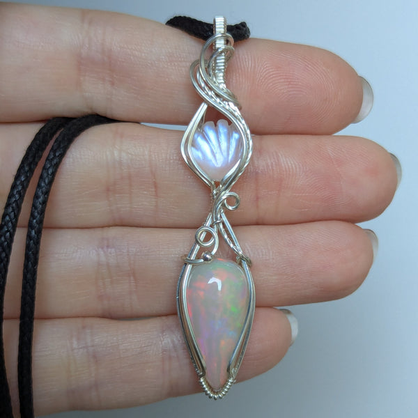 Welo Opal & Rainbow Moonstone Shell Wire Wrapped Pendant in Sterling Silver