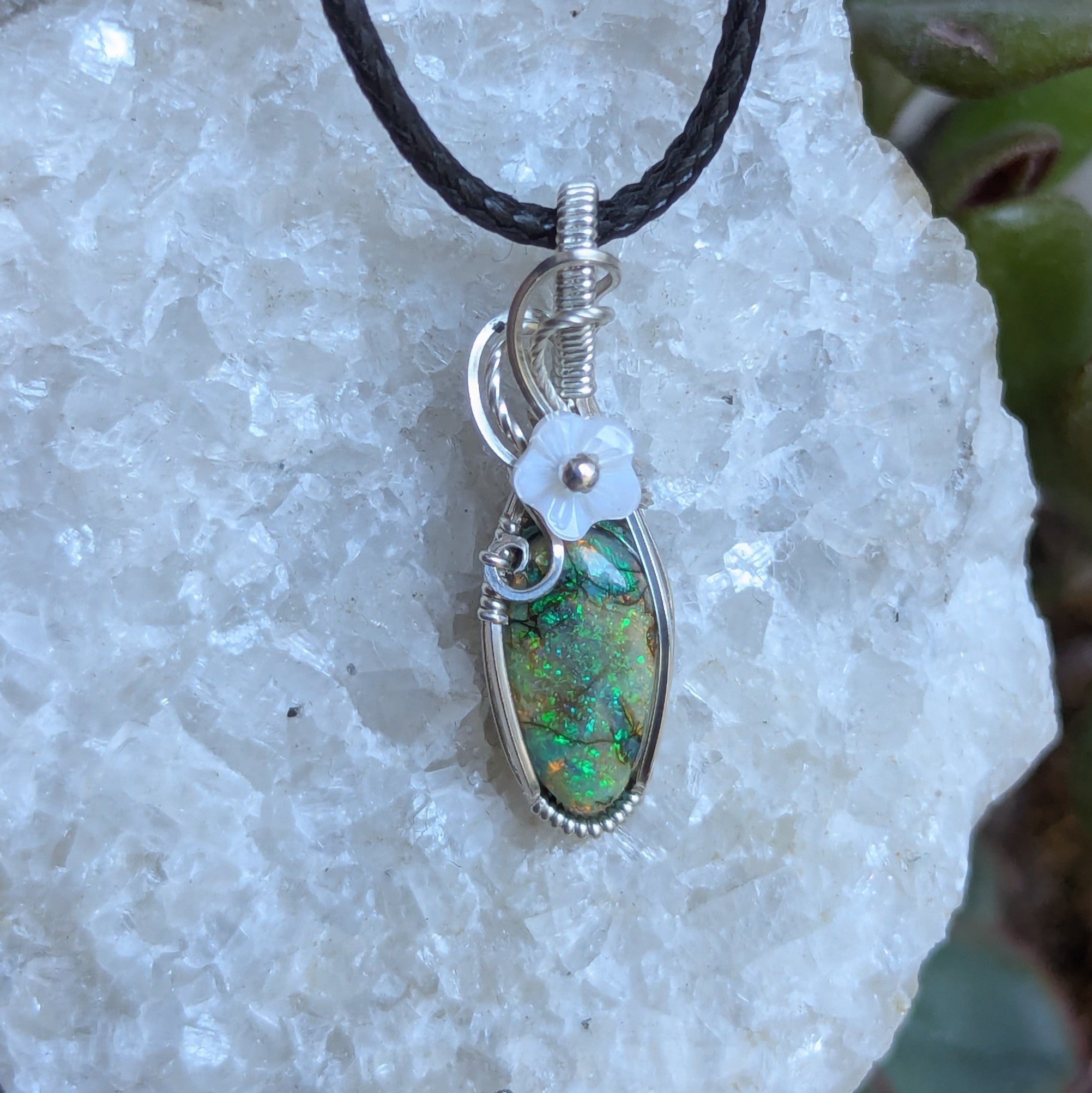 Monarch Opal Wire Wrapped Sterling Silver Mini Pendant