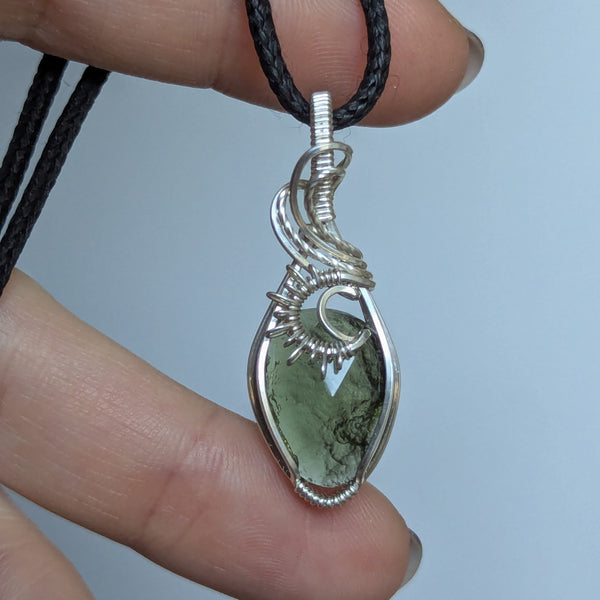 Moldavite Wire Wrapped Sterling Silver Pendant