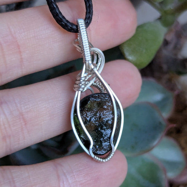 Moldavite Wire Wrapped Sterling Silver Pendant