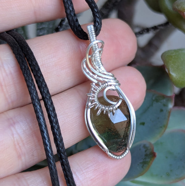 Moldavite Wire Wrapped Sterling Silver Pendant