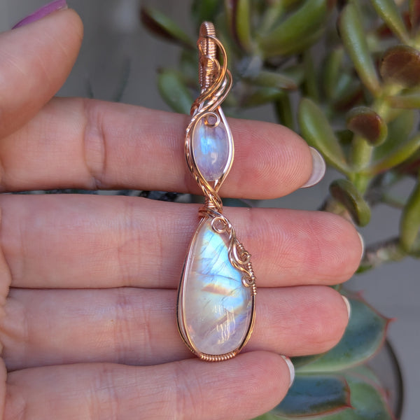 Rainbow Moonstone Wire Wrapped Rose Gold-Fill Pendant