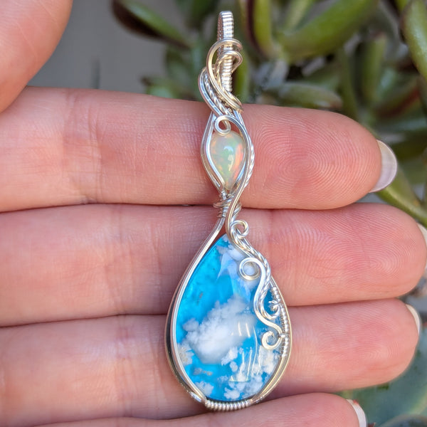 Plume Agate Doublet & Welo Opal Wire Wrapped Pendant in Sterling Silver