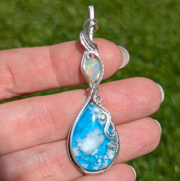 Plume Agate Doublet & Welo Opal Wire Wrapped Pendant in Sterling Silver