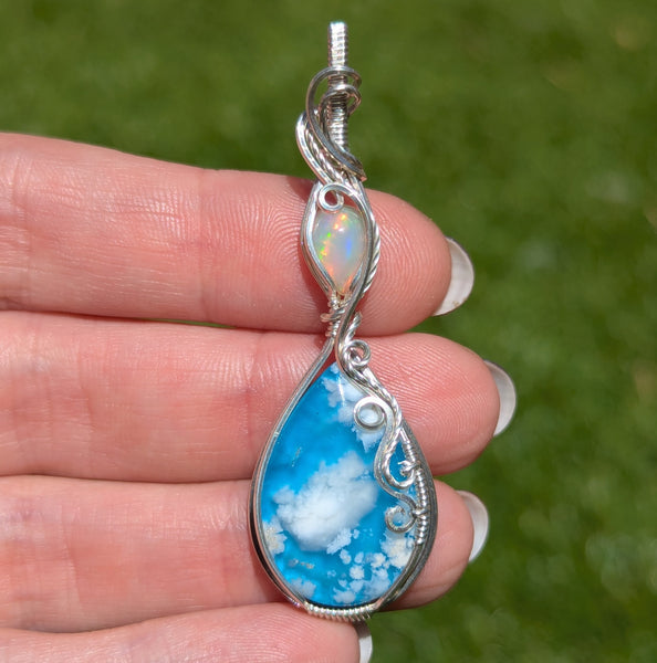 Plume Agate Doublet & Welo Opal Wire Wrapped Pendant in Sterling Silver