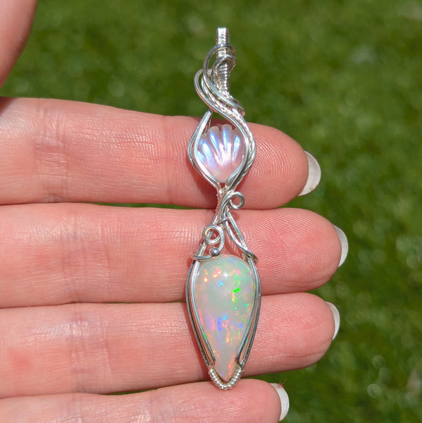 Welo Opal & Rainbow Moonstone Shell Wire Wrapped Pendant in Sterling Silver