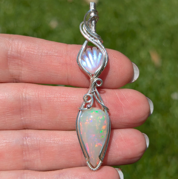 Welo Opal & Rainbow Moonstone Shell Wire Wrapped Pendant in Sterling Silver