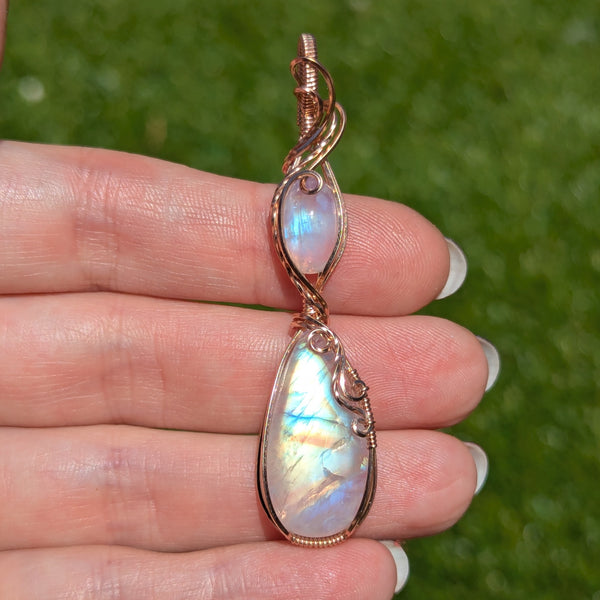 Rainbow Moonstone Wire Wrapped Rose Gold-Fill Pendant