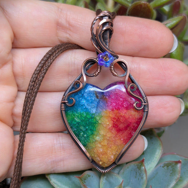Rainbow Quartz Heart Wire Wrapped Pendant in Oxidized Copper