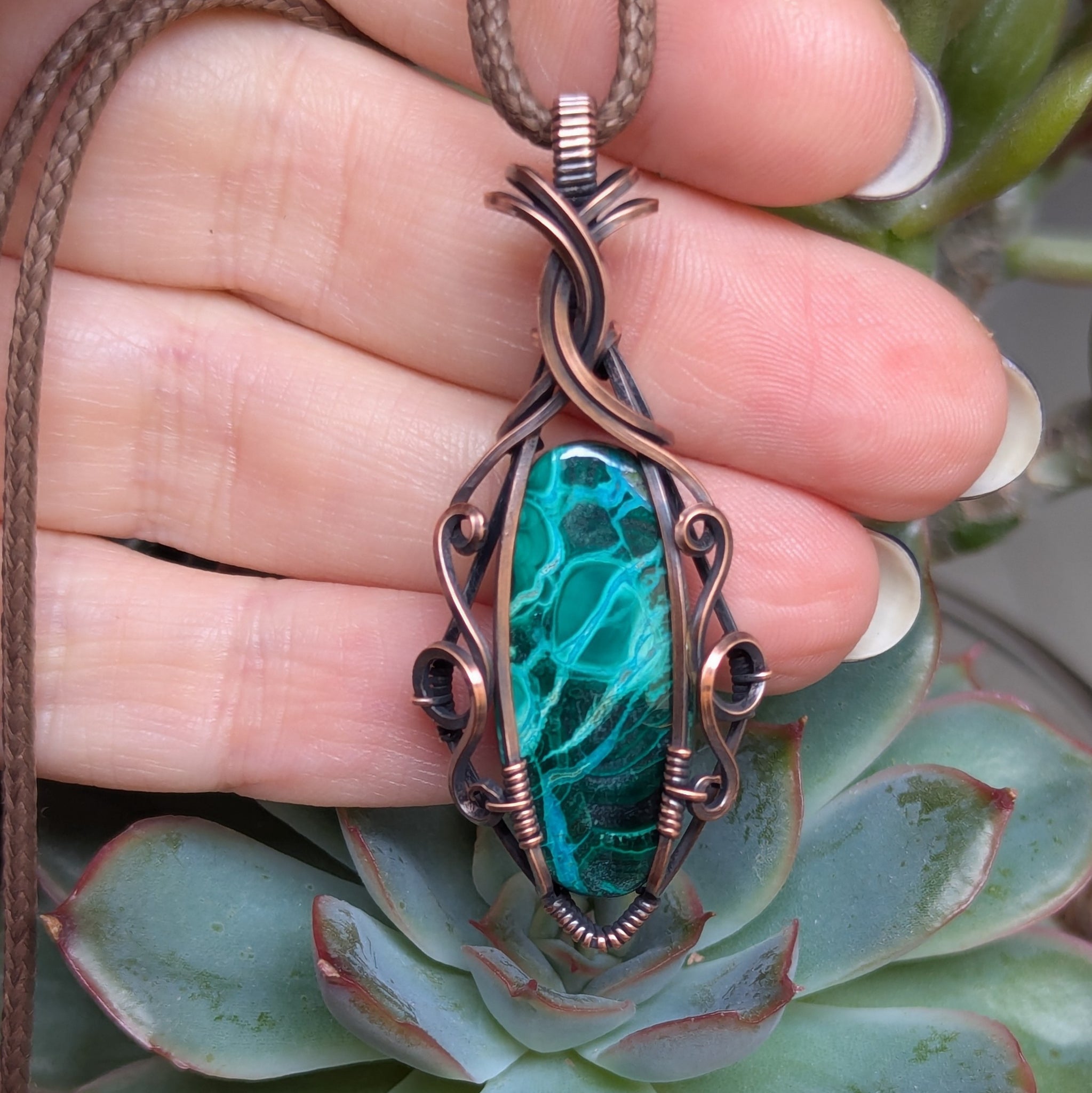 Malachite-Chrysocolla Wire Wrapped Pendant in Oxidized Copper