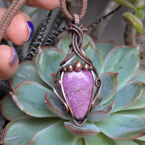 Stichtite Wire Wrapped Pendant in Oxidized Copper