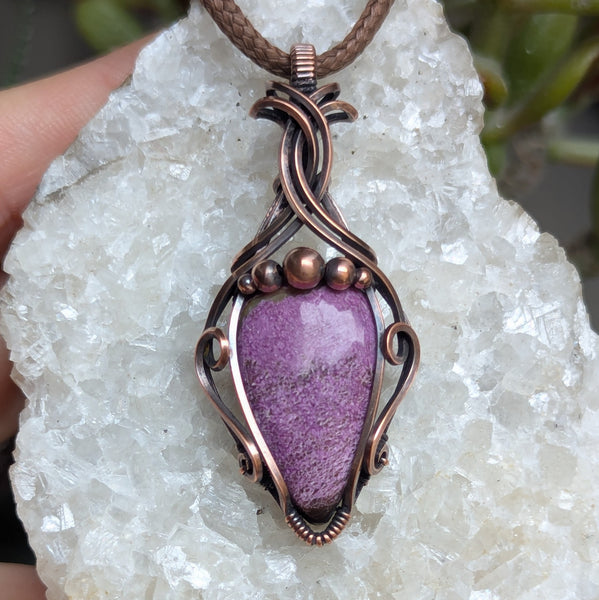 Stichtite Wire Wrapped Pendant in Oxidized Copper