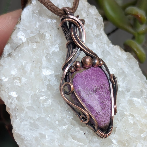 Stichtite Wire Wrapped Pendant in Oxidized Copper